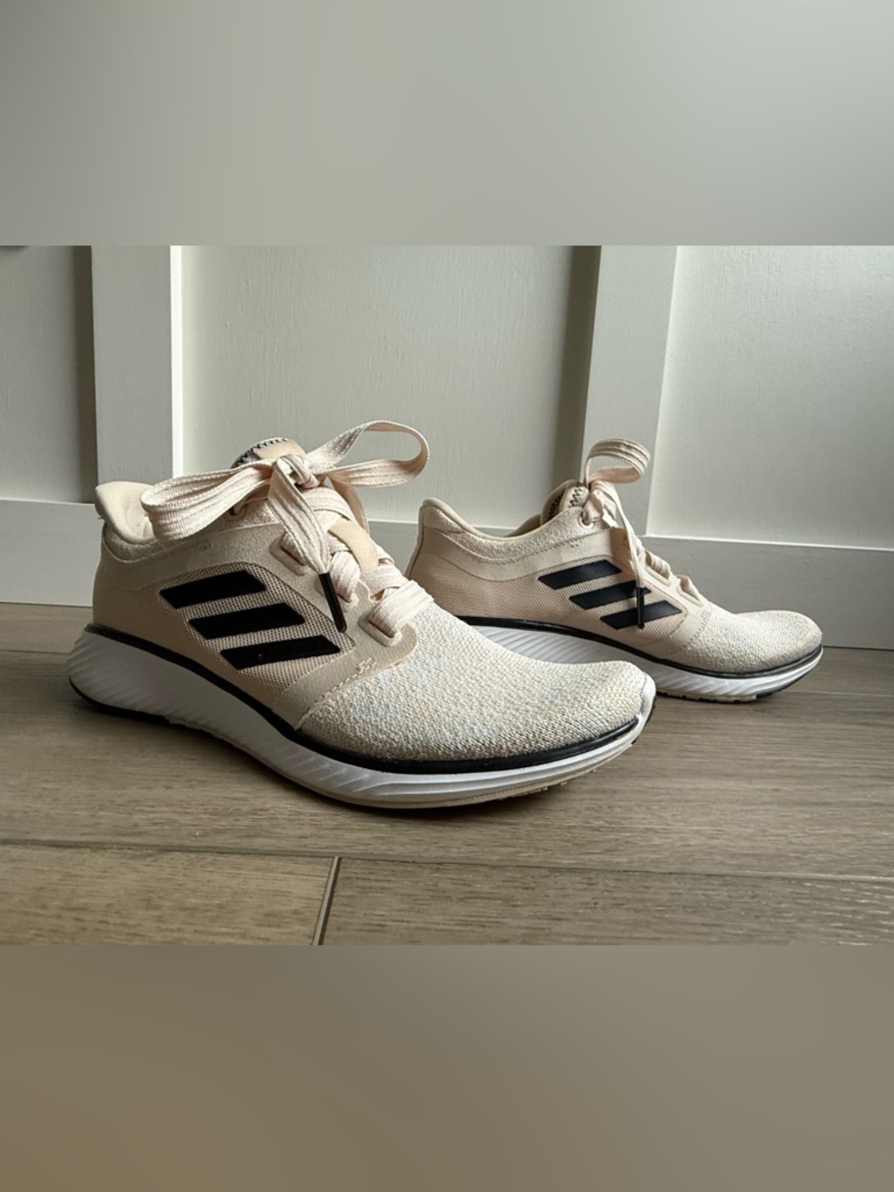 adidas Women's Bounce Edge Lux Athletic Shoes in Beige with Black Stripes